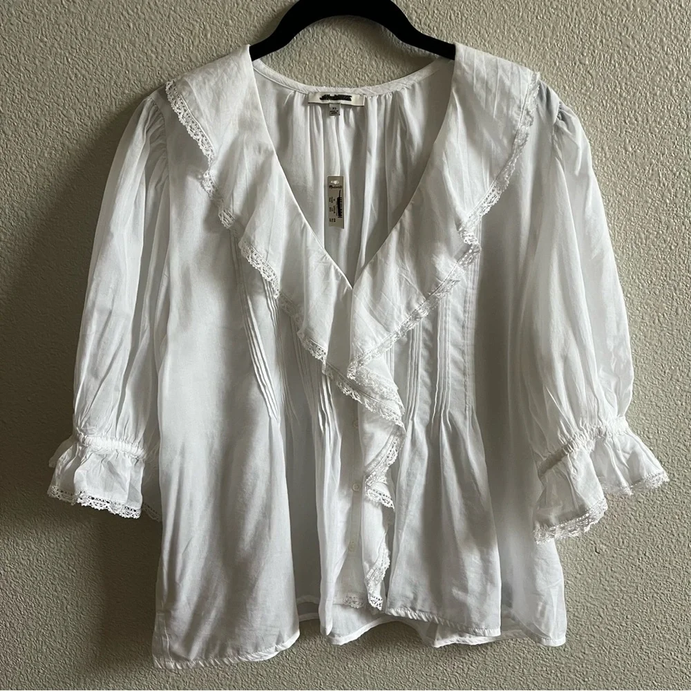 Madewell White Ruffle Front V-Neck Blouse